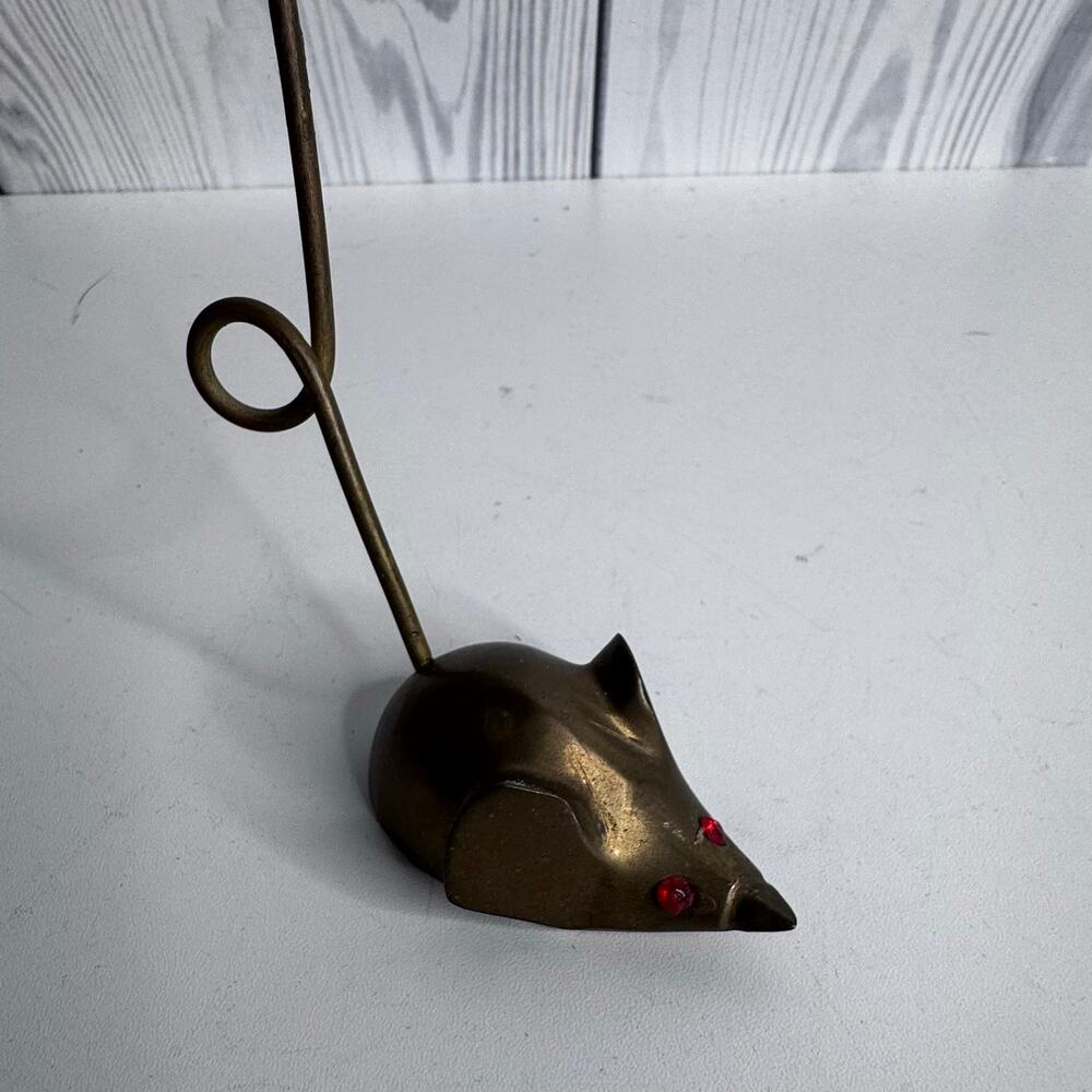 Vtg Brass Mouse Long Tail Note Receipt Paper Holder Desk Paperweight Trinket